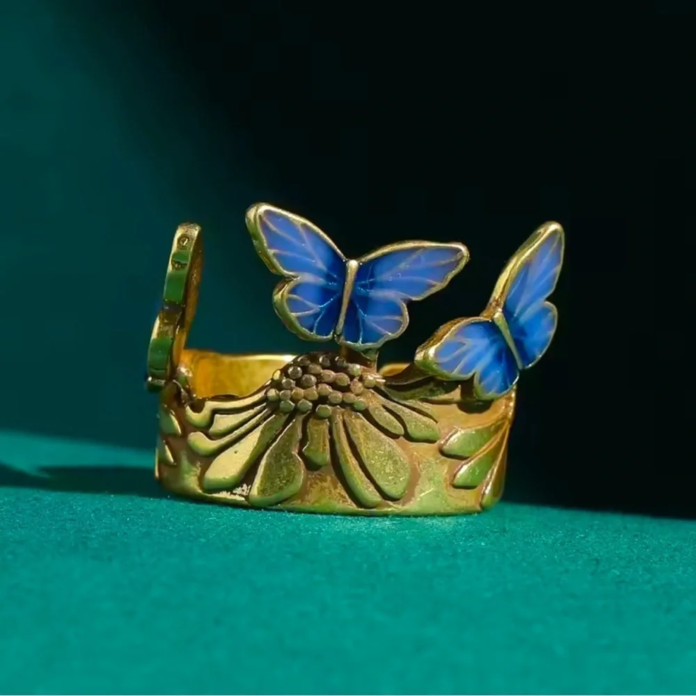 Celestial Blue Butterfly Eternal Antique Brass Masterpiece Ring